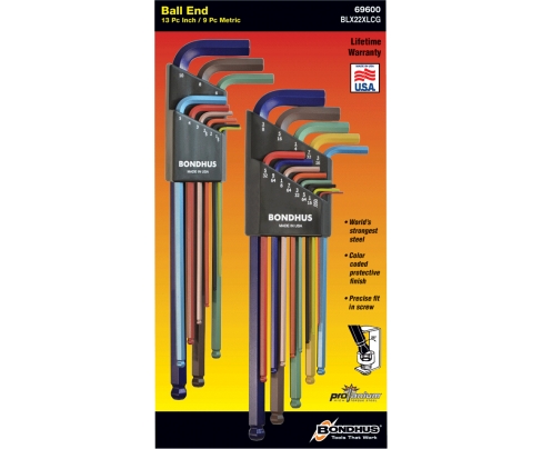 Set dugih metričkih i inčni imbus L-ključeva HEX sa kugličnom glavom Bondhus Multi Pack ColorGuard 69600 22 kom